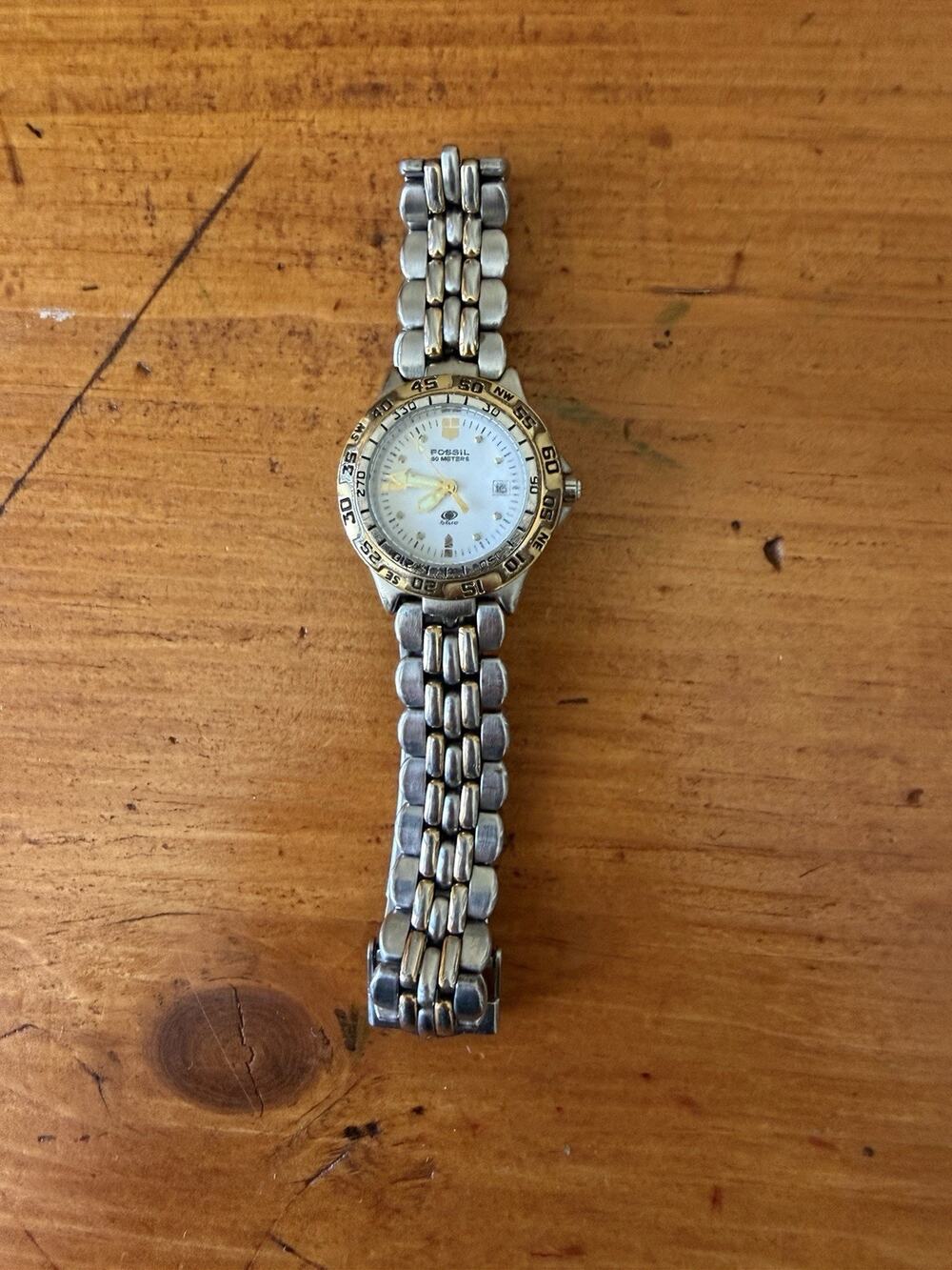 Vintage Fossil Blue AM-3229 Two Tone Stainless Steel Rotating Bezel Watch